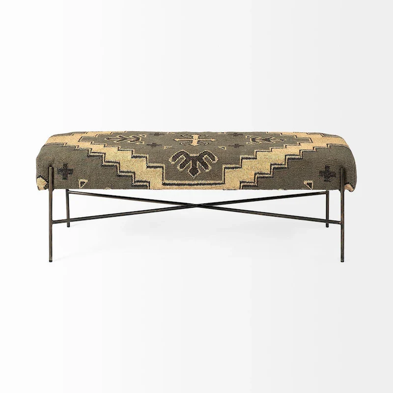 Avery I Olive & Beige Upholstered Patterned Seat Accent Bench - 55W x 17D x 18H