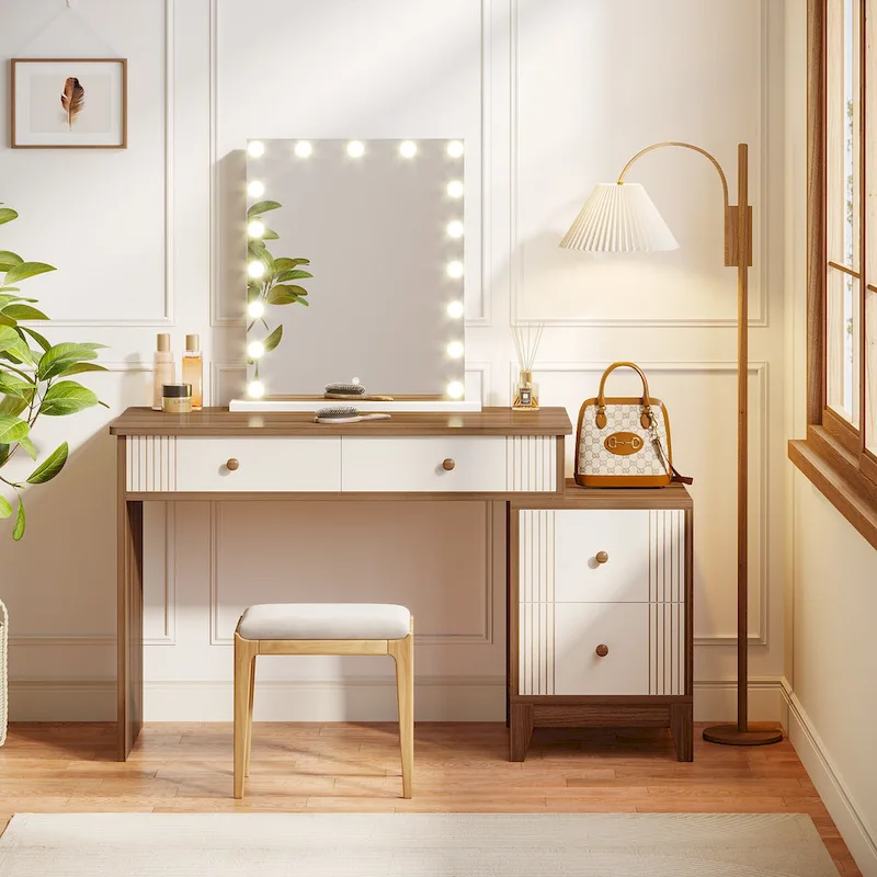 Light Walnut/White & White/Walnut 4-Drawer Makeup Vanity Desk – Single