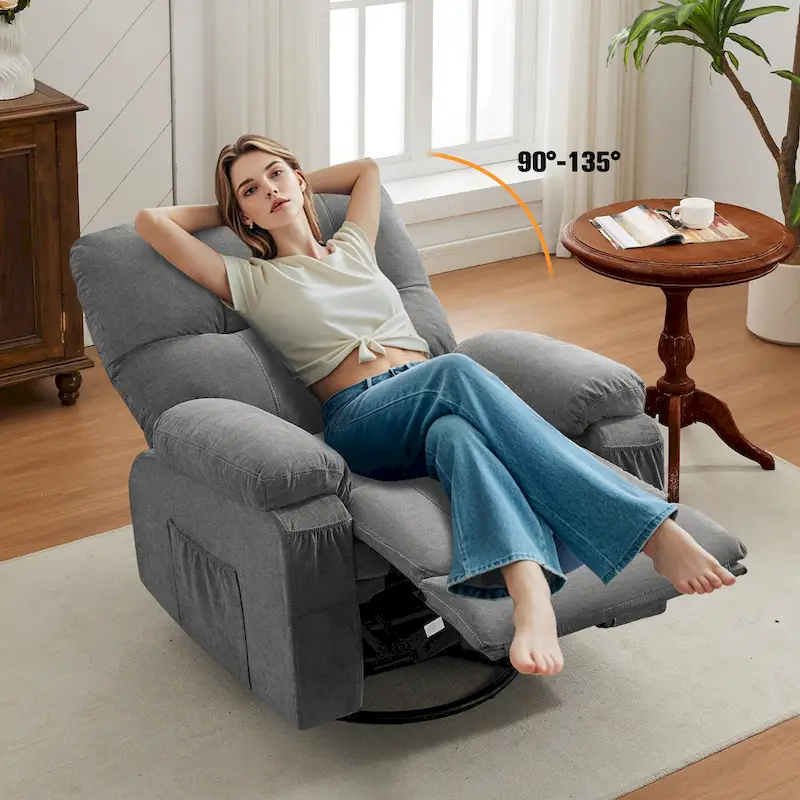 360 Swivel Manual Recliner Single Sofa Chair Fabric Lounge Chair with Pull Out Footrest and Side Pockets