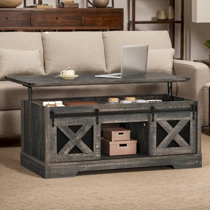 Oak / Espresso / Brown Top+White | Lift Top Coffee Table with Sliding Barn Door & Hidden Storage | Seats 1