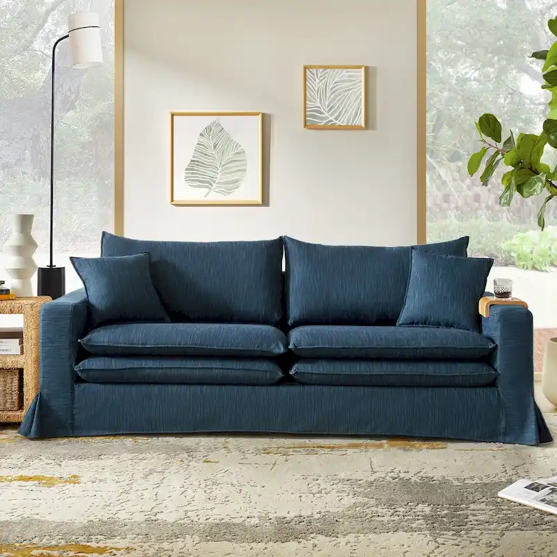Modern Slipcovered Sofa with Cup Holder and Reversible Cushions
