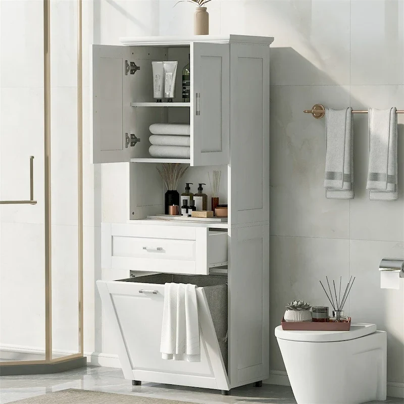 Tall Bathroom Cabinet with Laundry Basket,Large Storage Space