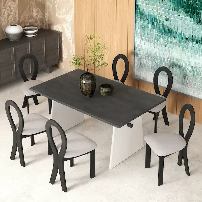 Modern 7-Piece Dining Table Set with 6 Upholstered Chairs