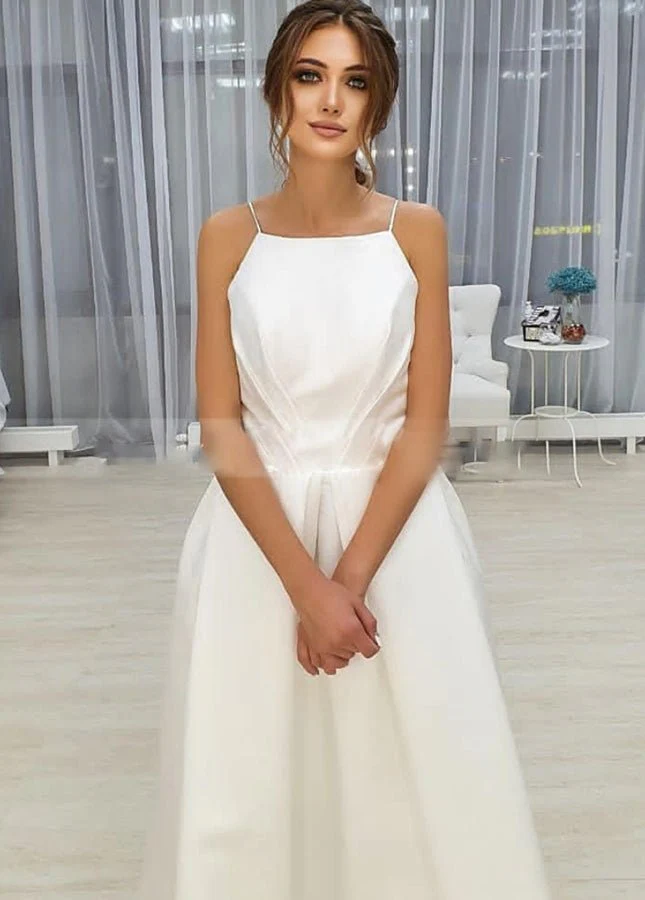 Simple Open Back Tea Length A-Line Sleeveless Spaghetti-Straps Wedding Dress with Pockets