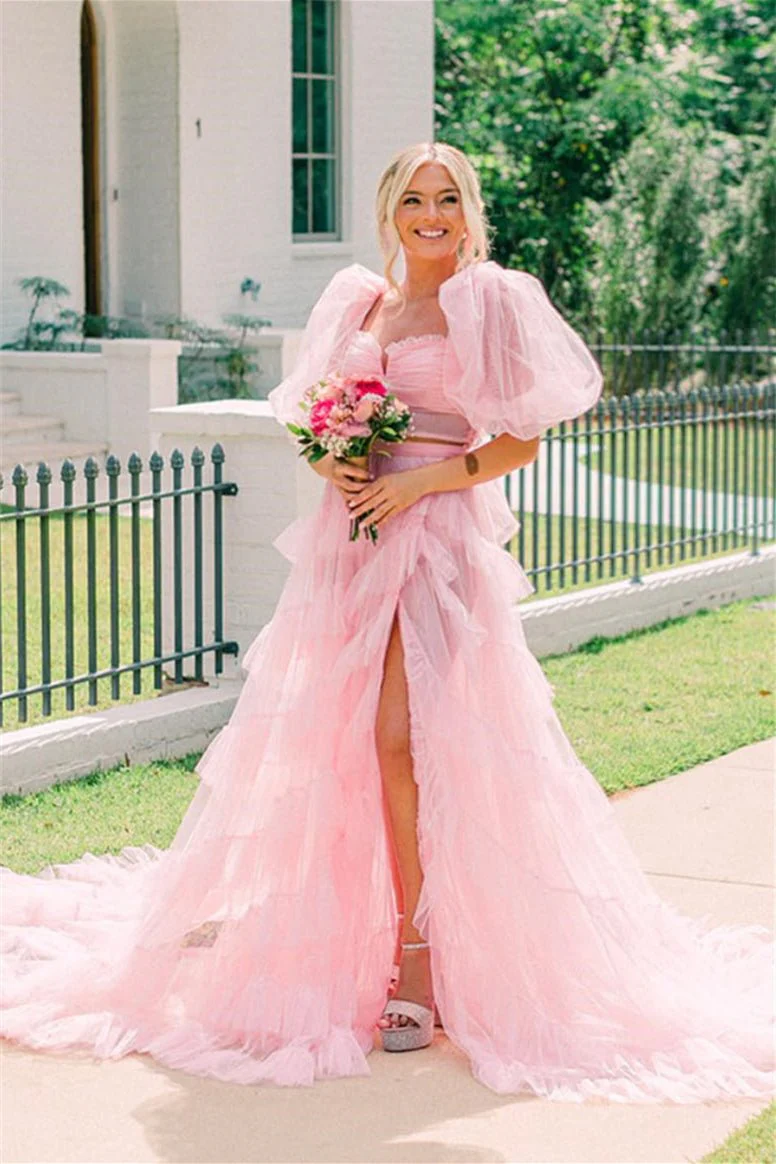 A Line Tow-Piece Tulle Prom Dress with Slit