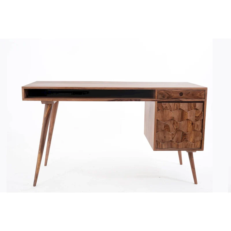 Natural Brown / White / Light Oak Mid-Century Modern Writing Desk, Single, Wood & Metal