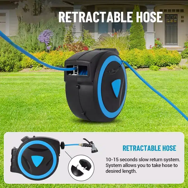 Retractable Garden Hose Reel 1/2 inch x 100 ft Wall Mount With 9-Pattern Nozzle
