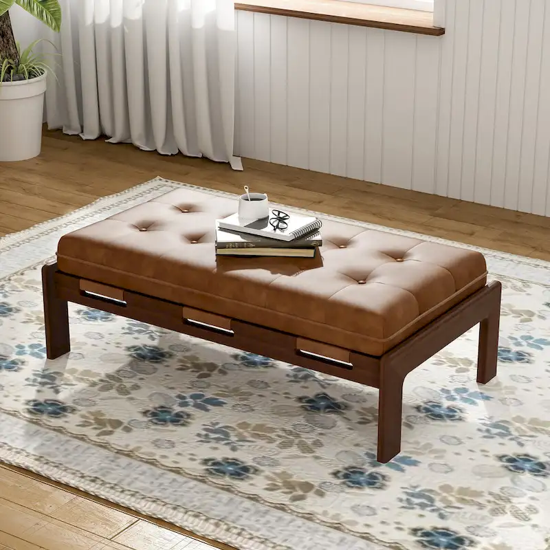 Brown & Walnut / Taupe Brown Rectangle Tufted PU Leather Ottoman – 2-Person Seating, Coffee Table Style