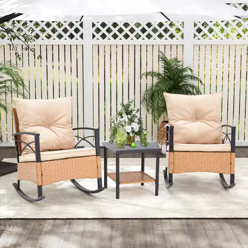 EROMMY 3-Piece Bistro Set,Outdoor PE Rattan Rocking Chairs with Cushions and Coffee Table,Patio Rocker Chair Set for Porch and Backyard