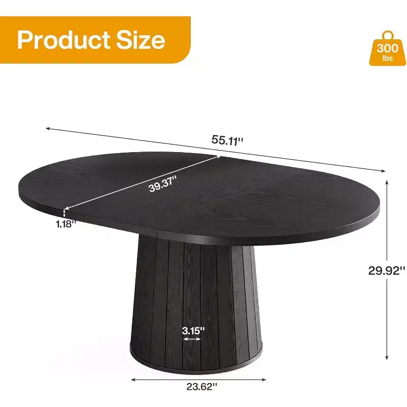 Lantine Oval Dining Table for 6 People, 55.11-Inch Farmhouse Kitchen Dinner Table with Cylindrical Pedestal