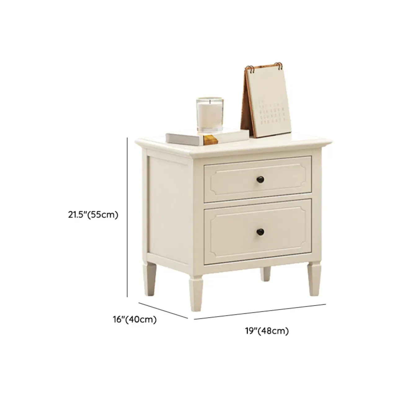 White Rubberwood 2 Drawers Narrow Nightstand with Legs