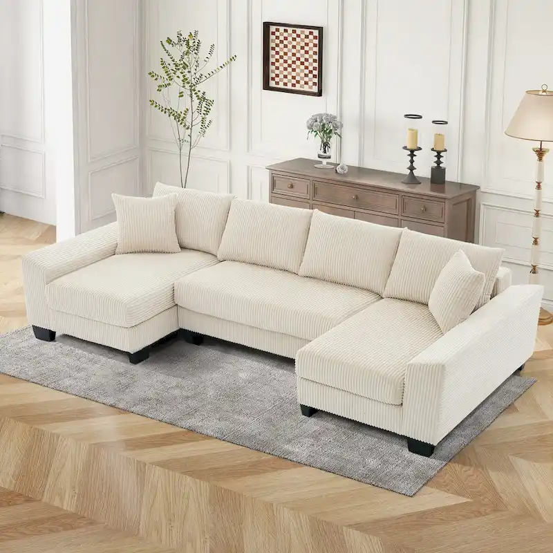 114 U-Shaped Corduroy Sofa Bed with Pull-Out Sleeper