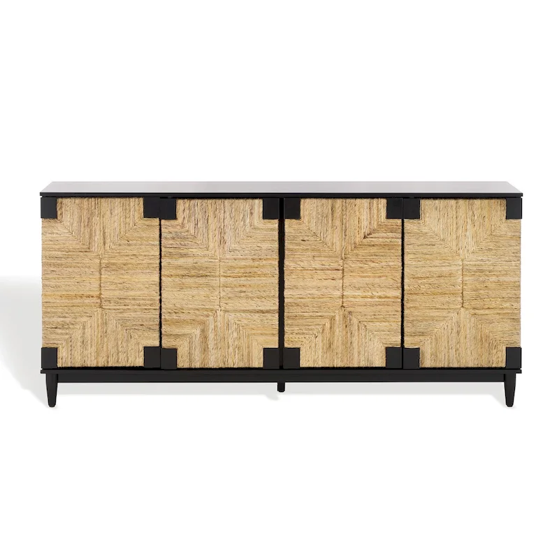 4-Door Banana Stem Woven Sideboard with Mahogany Frame – Black/Natural / Natural