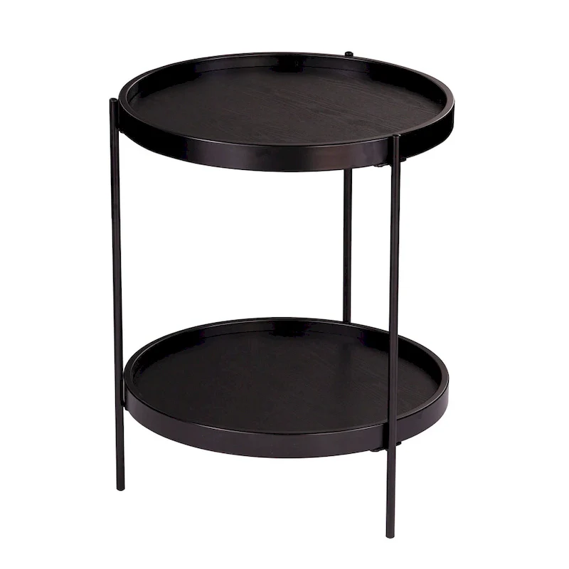 Round Wood Side Table with Metal Frame and Shelf