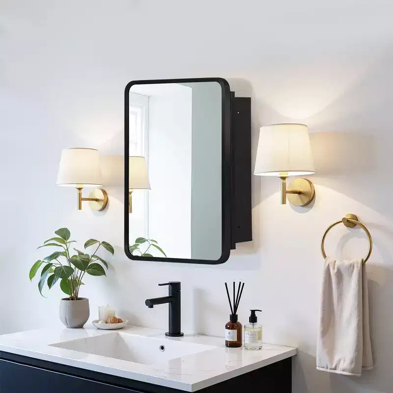 MAYEERTY 24 x 16in Modern Rectangular Bathroom Medicine Cabinets, Metal Framed Wall Mirror with Storage, Black