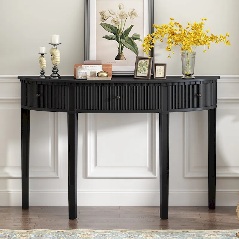 51.1  Modern Curved Console Table with Vertical Stripe Drawer Fronts for Entryway, Hallway, Living Room