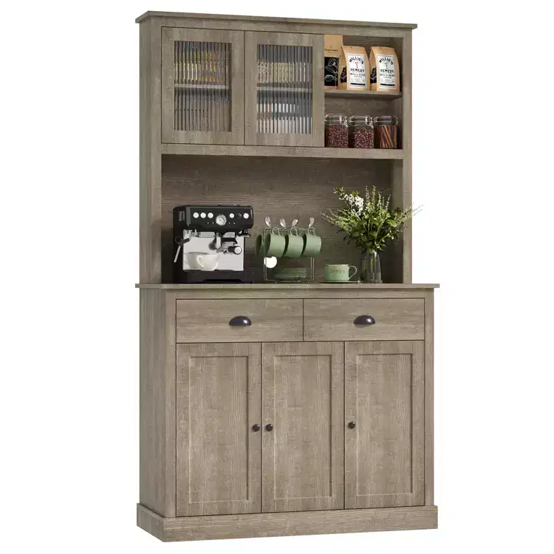 COZONY Tall Kitchen Pantry Cabinet with Doors & Drawer, Farmhouse Hutch with Microwave Stand