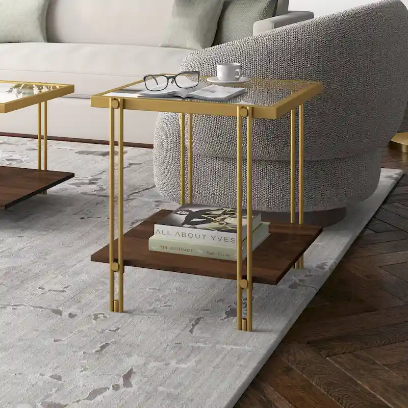Brass / Blackened Bronze / Brass Walnut Geometric Steel & Glass Side Table – Single