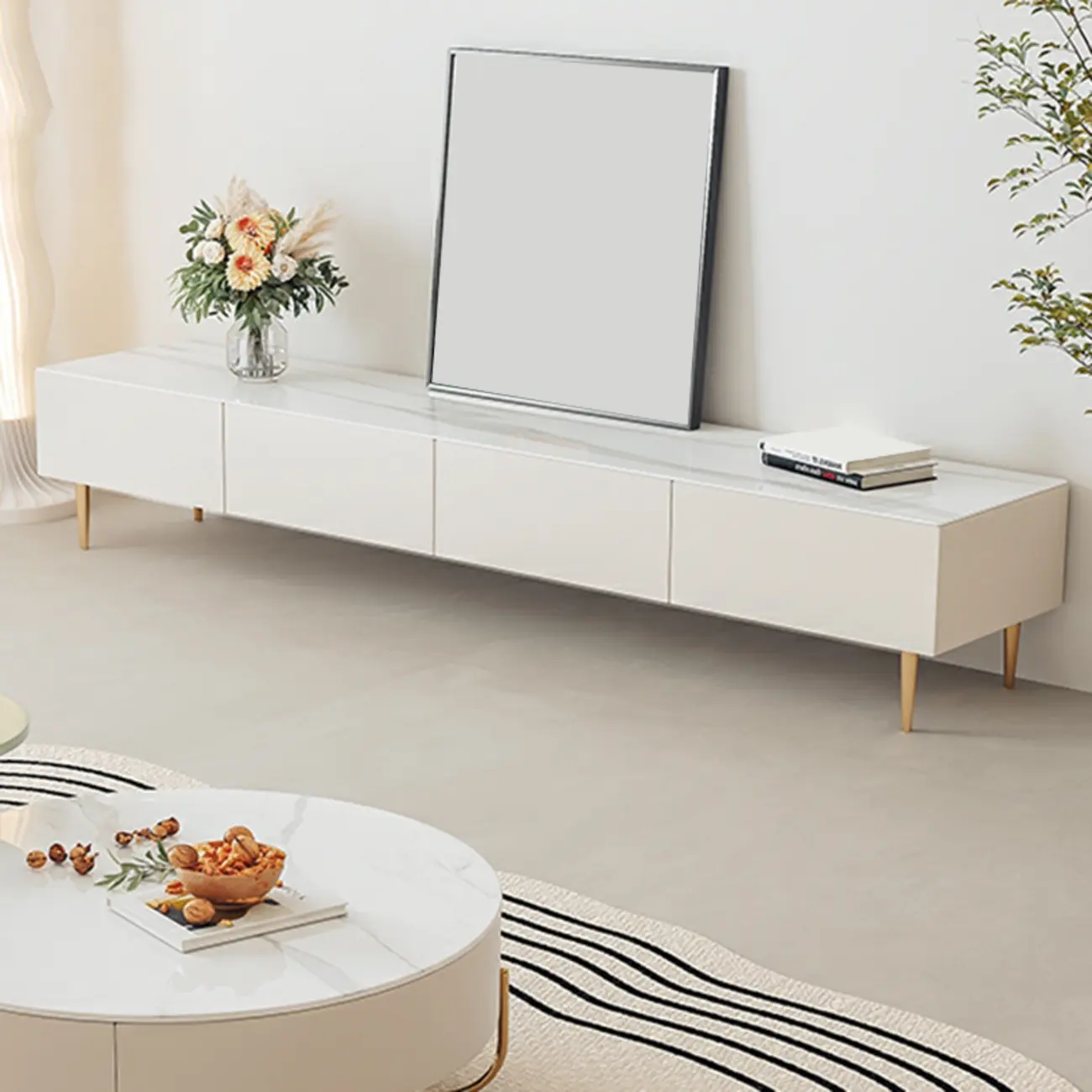 White Stone Cable Management Drawers TV Stand with Legs