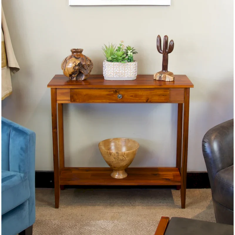 Solid Acacia Wood 1-drawer Console Table with Bottom Shelf