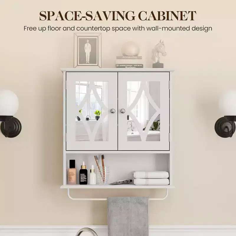 RoyalCraft Bathroom Medicine Cabinet, Wall Mount Storage with Mirror, Towel Bar, and Adjustable Shelves for Wash Room, Laundry, White
