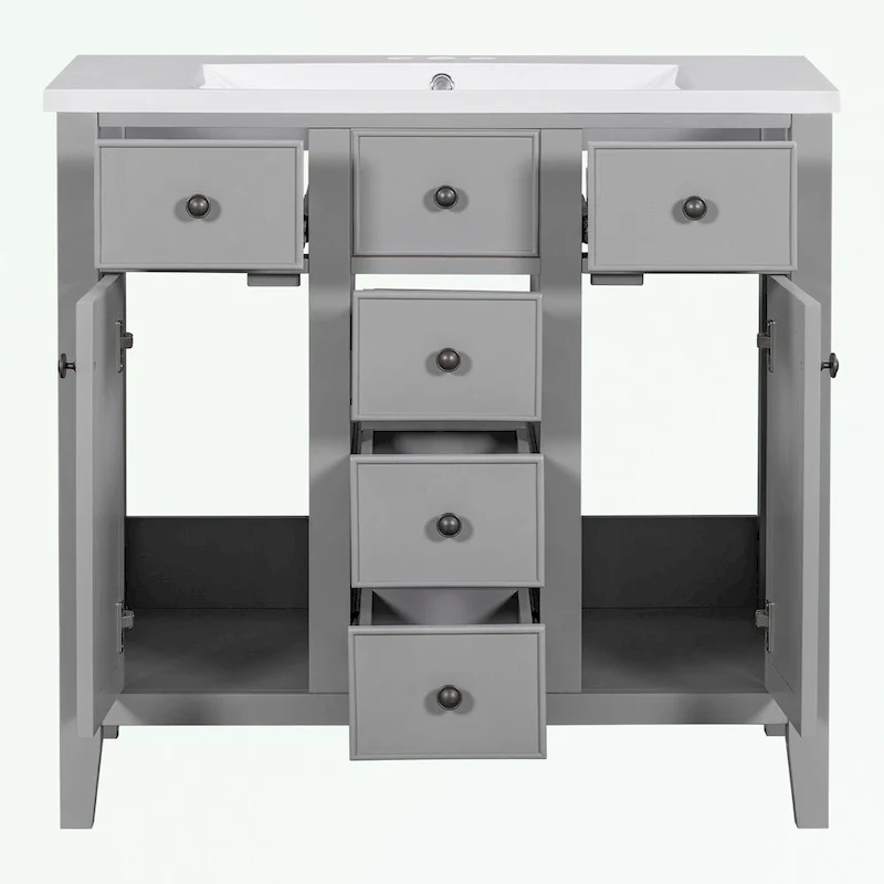 Bathroom Vanity with Ceramic Basin, Two Cabinets and Five Drawers