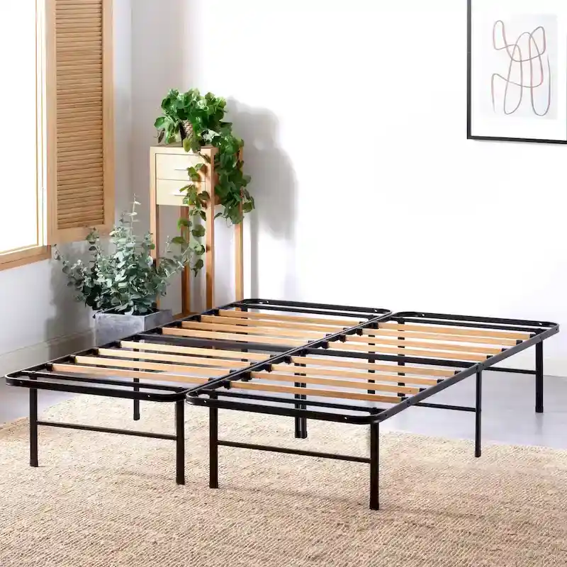 Black 14-Inch Steel Platform Bed Frame with Bamboo Slats – Twin, Twin XL, Full, Queen or King