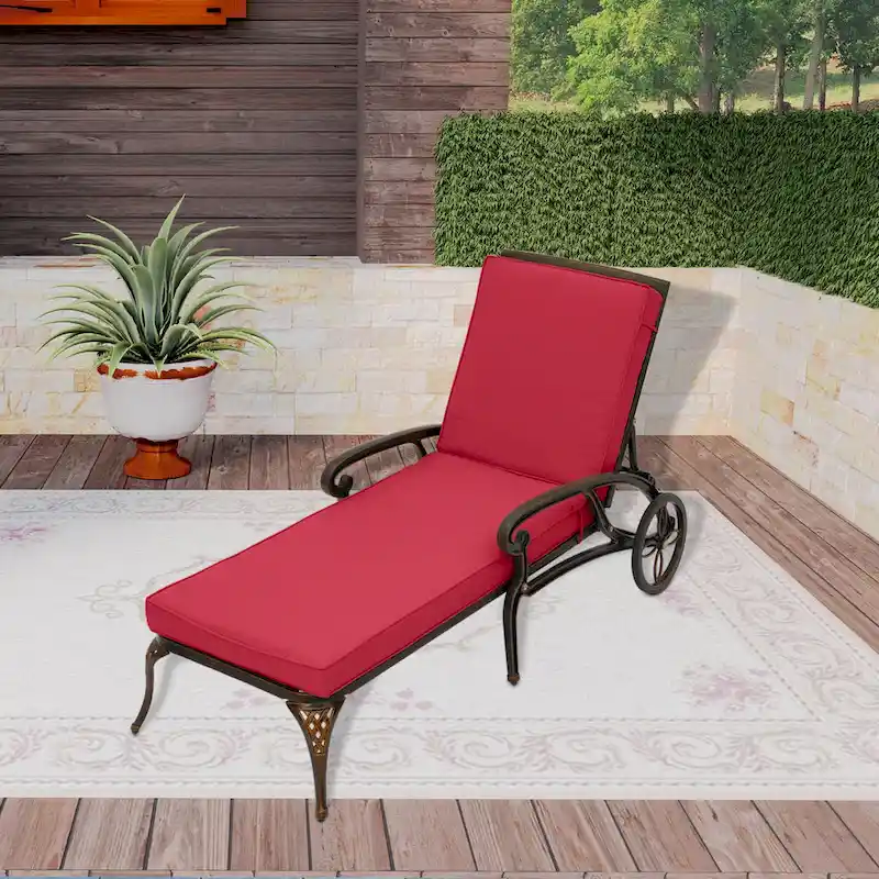 Clihome Cast Alum Folding Reclining Patio Chaise Lounge with Red Cushion