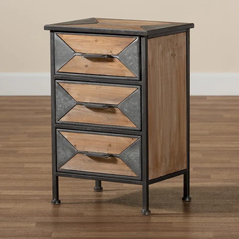 Rustic Industrial Antique Grey Metal and Whitewashed Oak Wood 3-Drawer End Table