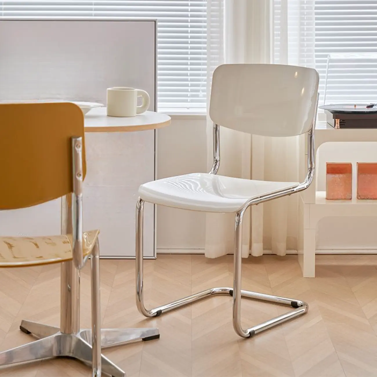 Simple Metal Armless Dining Chair in Yellow Solid Back