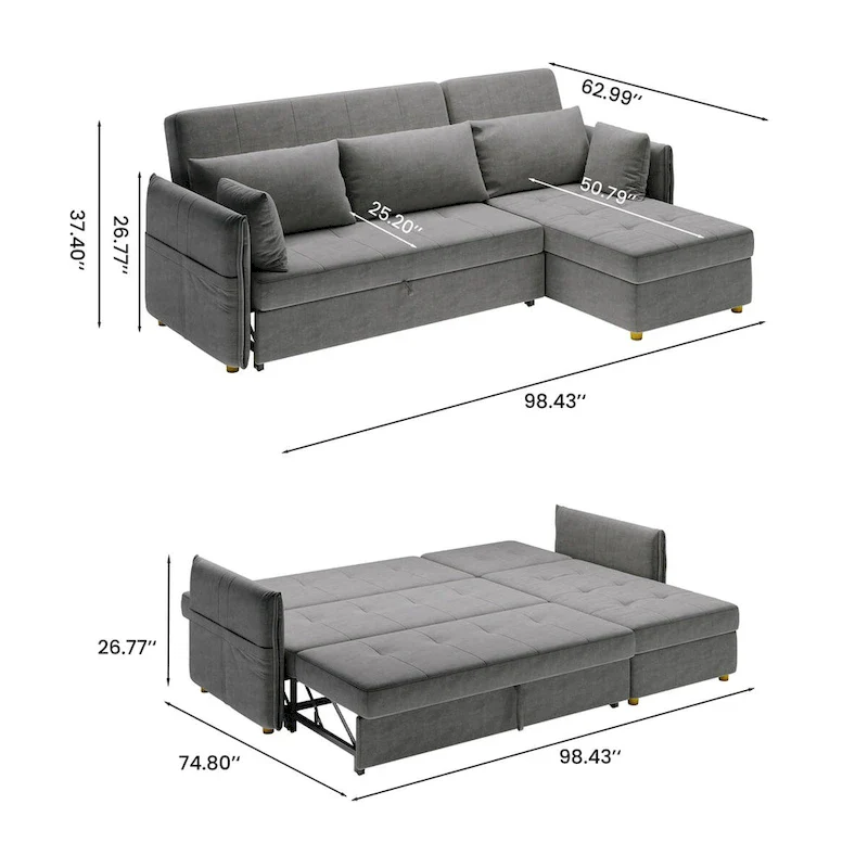L-Shape Sofa Bed with Scratch-Resistant Fabric and Solid Wood Frame