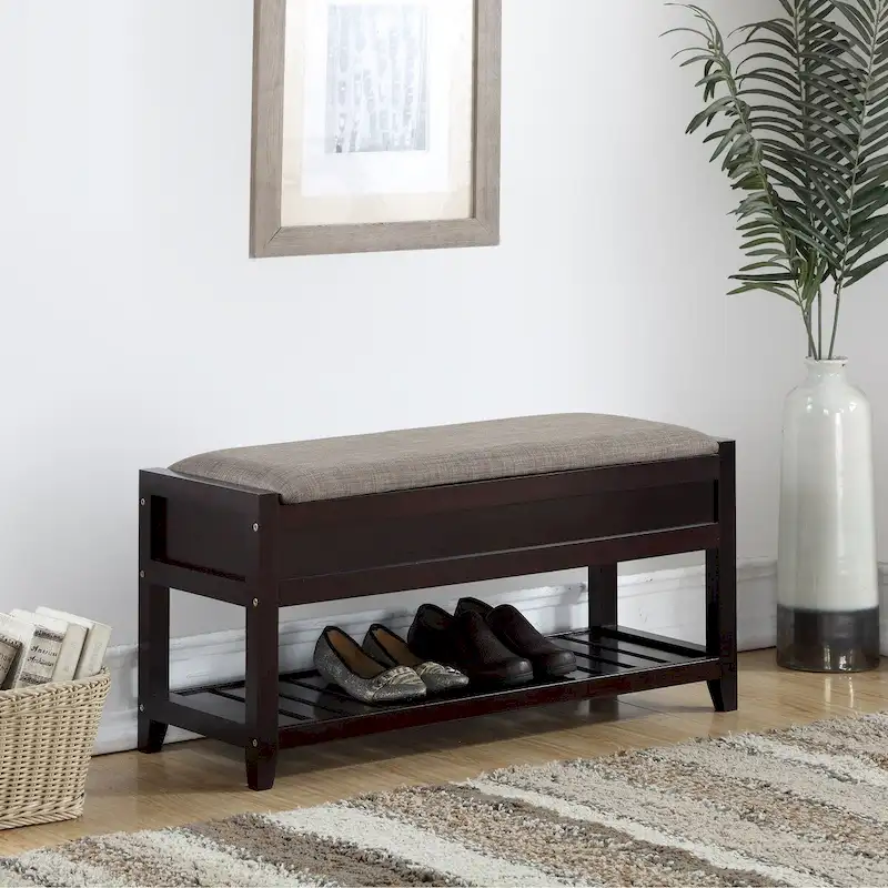 Fabric Seating Wood Bench with Shoe Storage