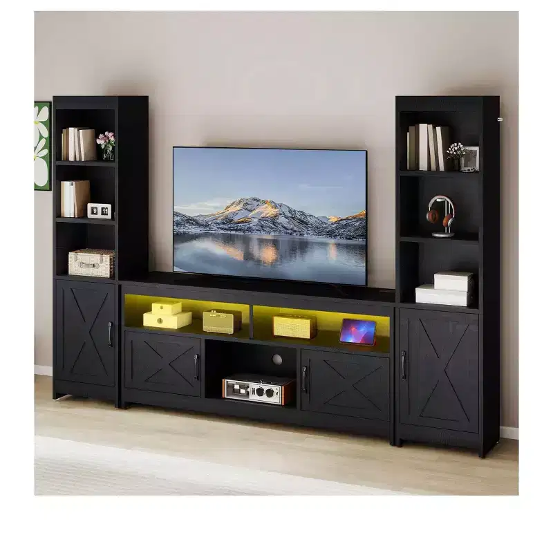 Farmhouse TV Stand for 65 inch TV, LED Entertainment Center with Storage & Power Outlets, TV Cabinet with Bookshelves for Living Room