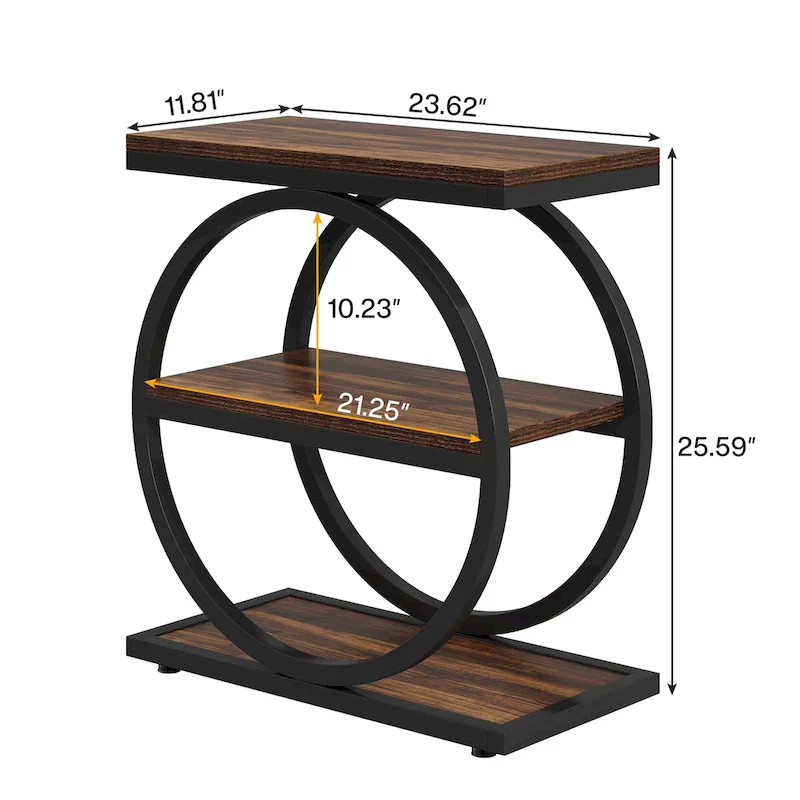 Industrial 3-Shelf Narrow End Table – Brown / Grey / Oak / Yellow