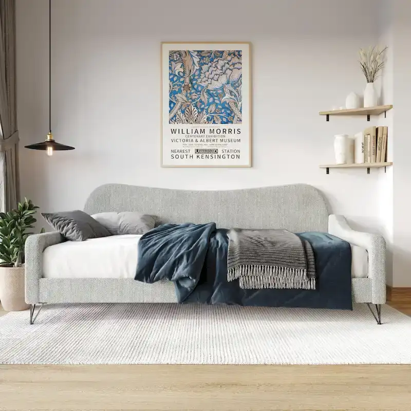 Twin Upholstered Daybed, Backrest & Armrests, Black Metal Legs, Sofa-to-Bed, Grey / Black / Brown / Teal, 1-Person Use