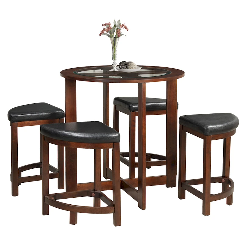Roundhill Furniture 5 Piece Round Counter Height Dining Set in Solid Wood with Glass Table Top