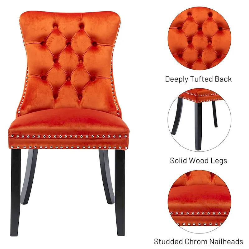 Velvet Dining Chairs Set of 2, Upholstered High-end Tufted Dining Room Chair with Nailhead Back Ring Pull Trim Solid Wood Legs