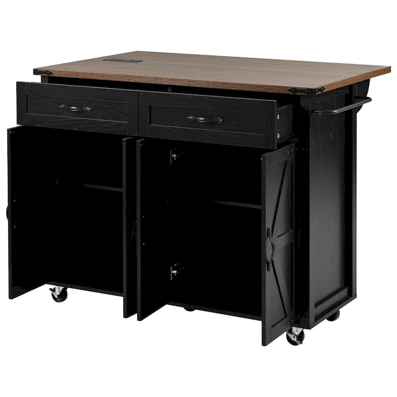 53.5 Farmhouse Kitchen Island Cart with Power Outlet, Drop Leaf, Spice Rack, and 2 Drawers, 5 Wheels