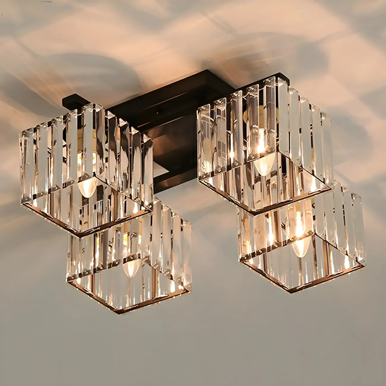Modern Square Gold Crystal Flush Ceiling Light in 8 Lights