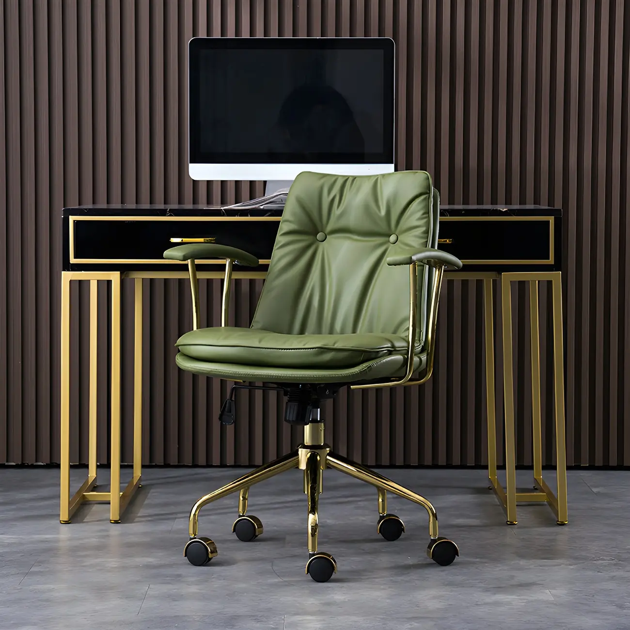 Gold Base Tufted Leather Adjustable Office Chair