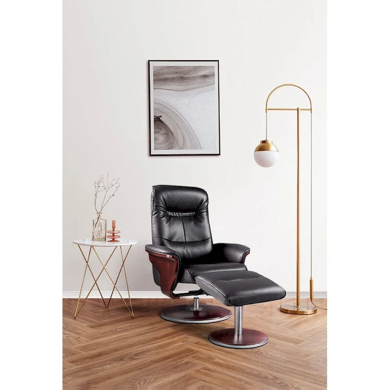 Black Bond Leather Swivel Recliner with Ottoman Set, Single Seat