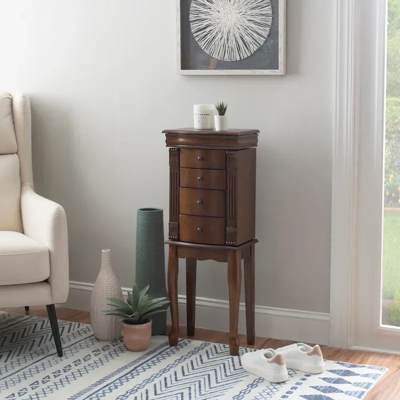 Mirrored Walnut Standing Jewelry Armoire