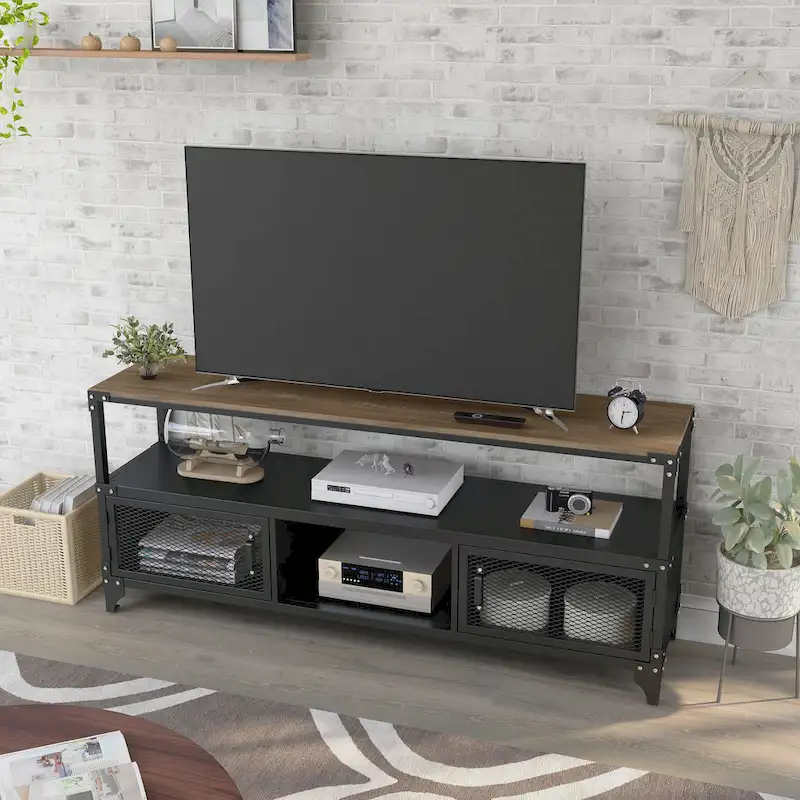Country Style Black and Dark Walnut 70-inch Steel Double-Layer TV Stand