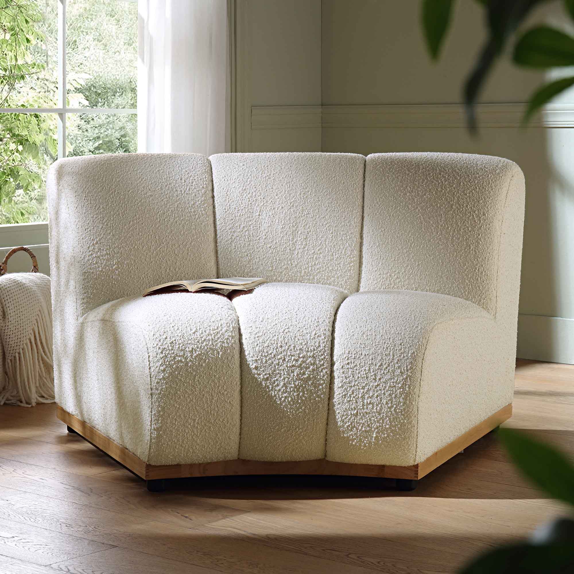 Ecru Boucle Sectional Sofa, 1-Seater Curved Sofa