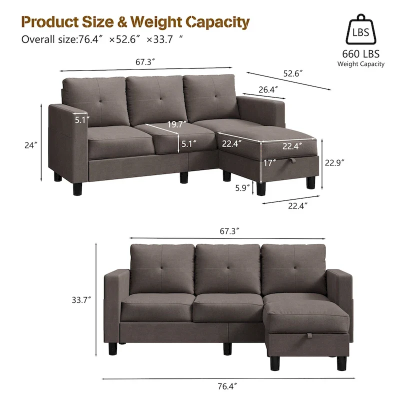Futzca Modern L-shaped Convertible Sectional Sofa w/ Reversible Chaise