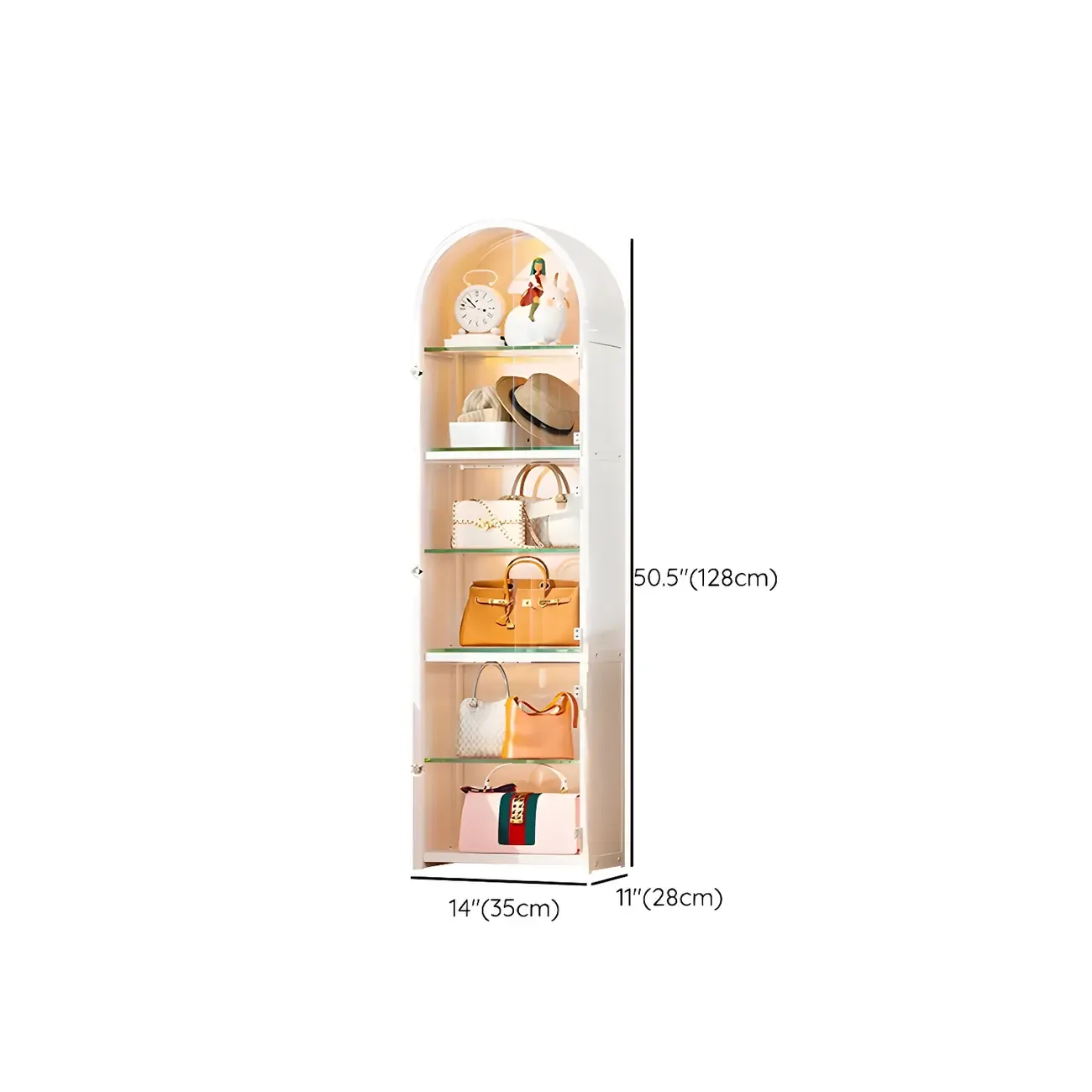 Adjustable Steel Arch Glass Shelf Display Cabinet with Light