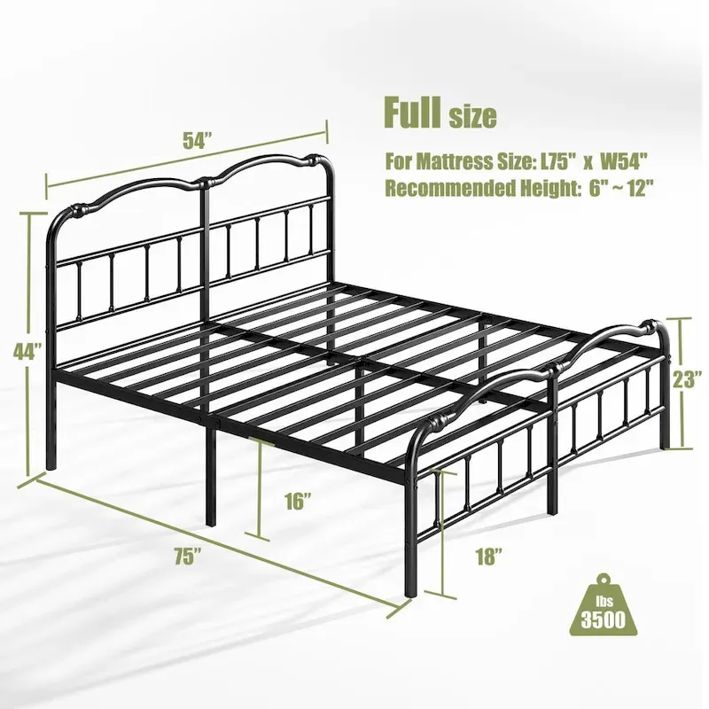 Heavy Duty Anti-Sway 18 Inch High Steel Tube Iron Bed, Double Wave Headboard And Footboard