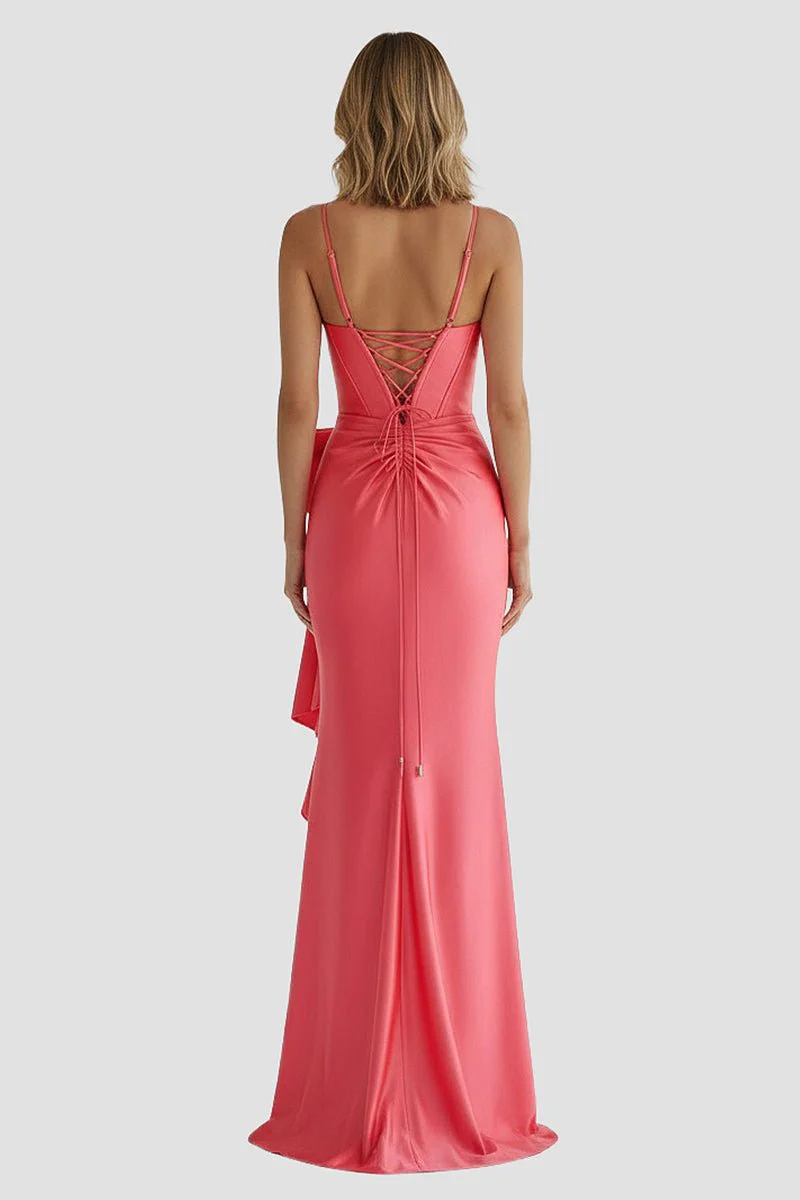 Straps V-Neck Satin Mermaid Prom Dress with Bow