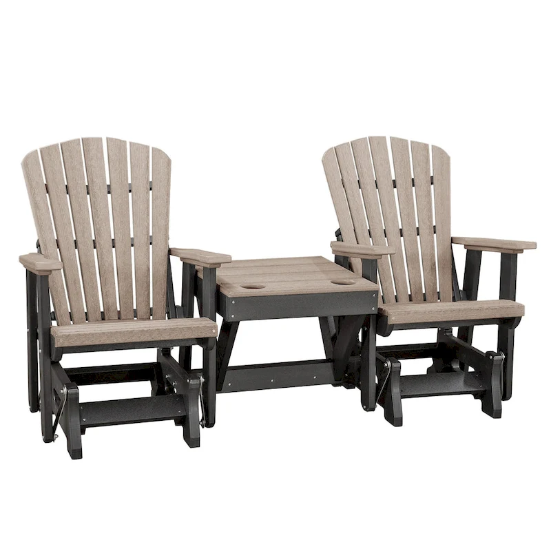 OS Home and Office Model Double Glider with Center Table in Weatherwood with Black Base