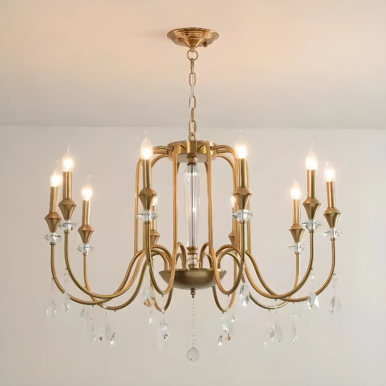 Mid-Century Modern Metallic Alloy Candle Chandelier with Crystal